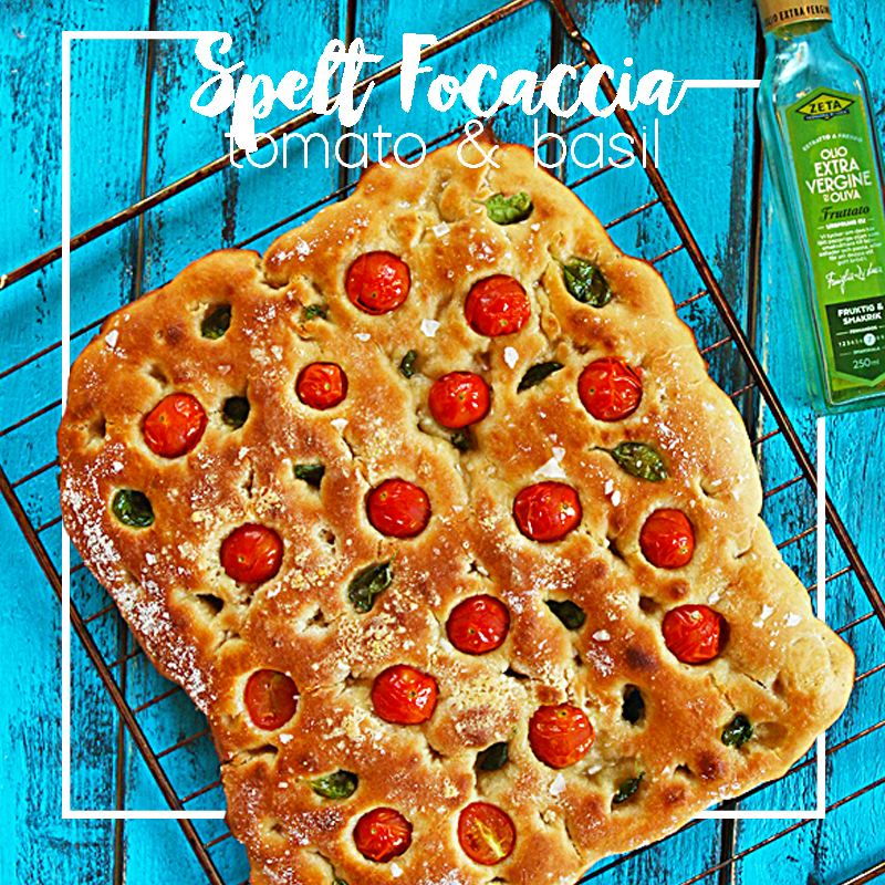 Simple Spelt Focaccia Bread Recipe with cherry tomatoes & basil